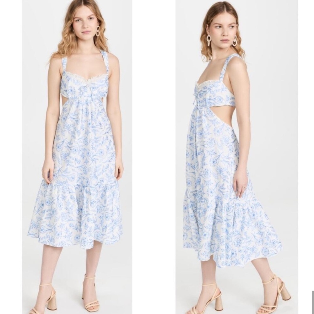 For Love & Lemons Maisie Floral White and Blue Cutout Midi Dress Size XS